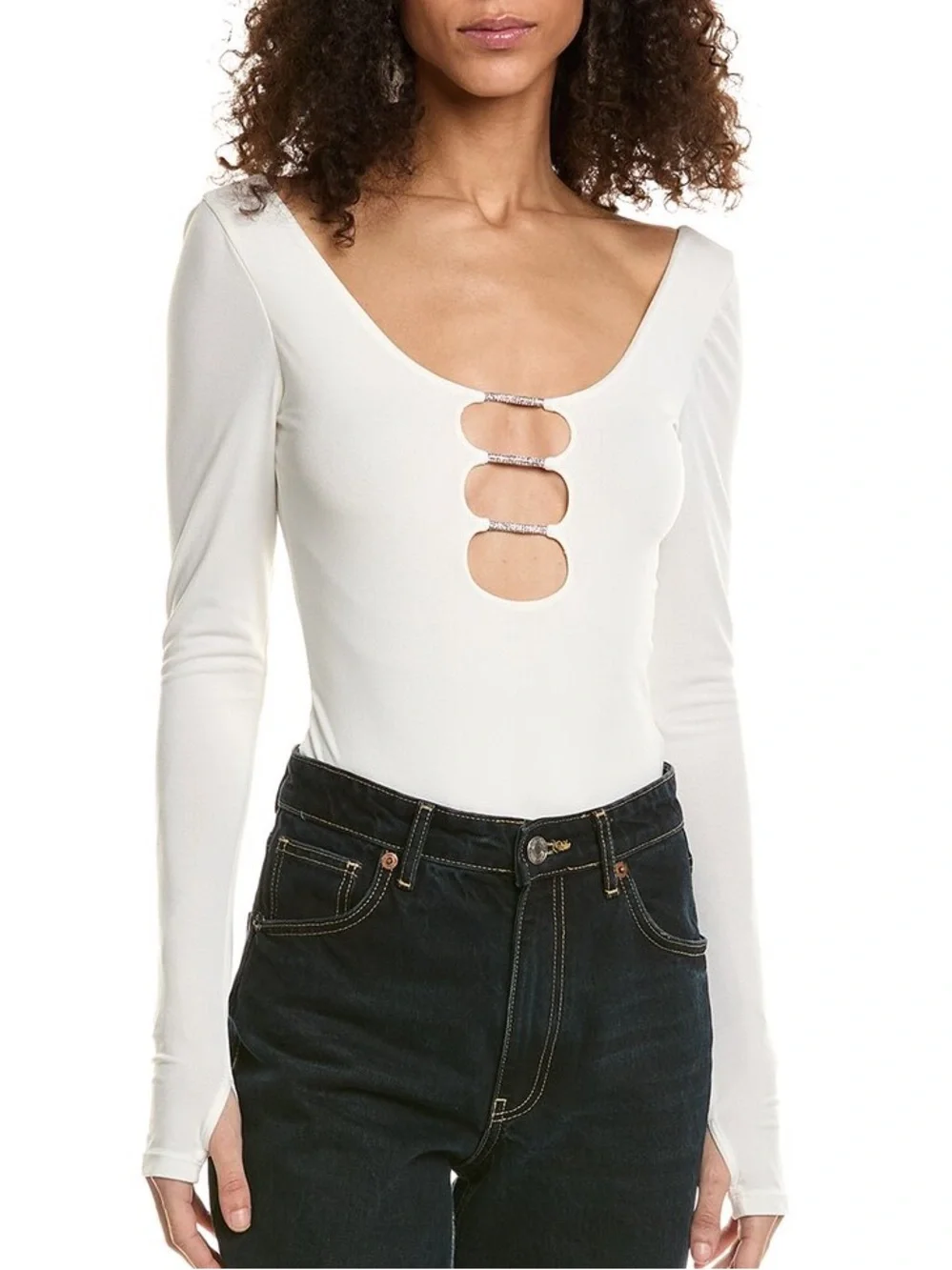 NWOT Alice and Olivia Women Cream Long-Sleeve Bodysuit with Front Cutout Size S